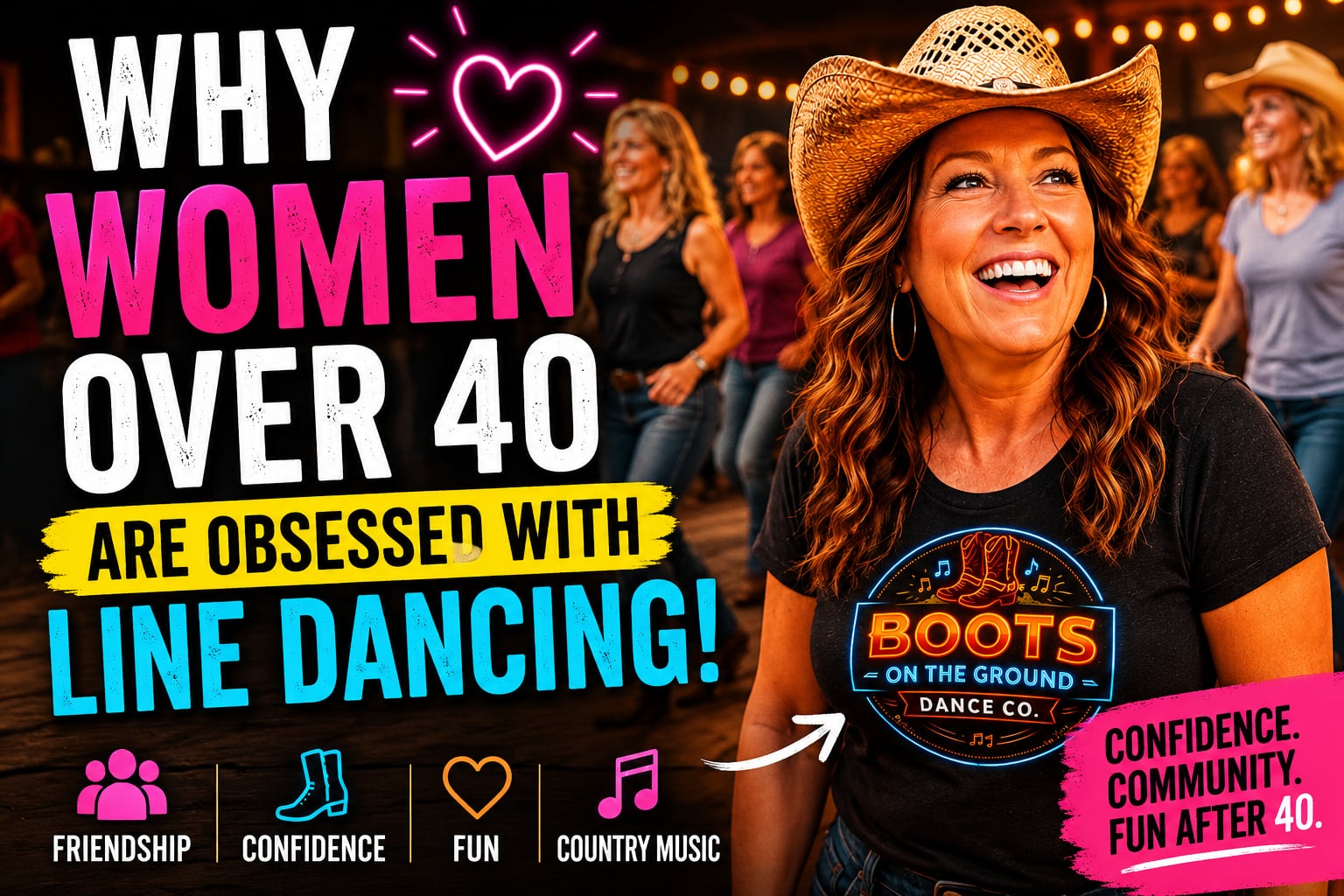 Podcast episode thumbnail: why women over 40 are obsessed with line dancing — confidence, community, fun after 40